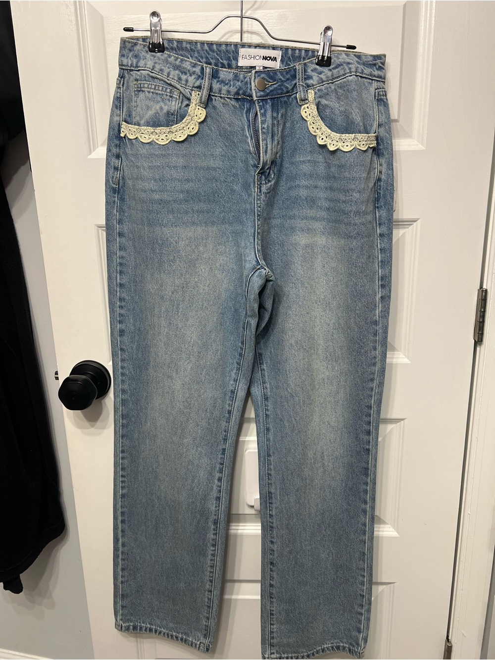 Medium Fashion Nova Light Blue Straight Leg Jeans with Cream Lace Trim